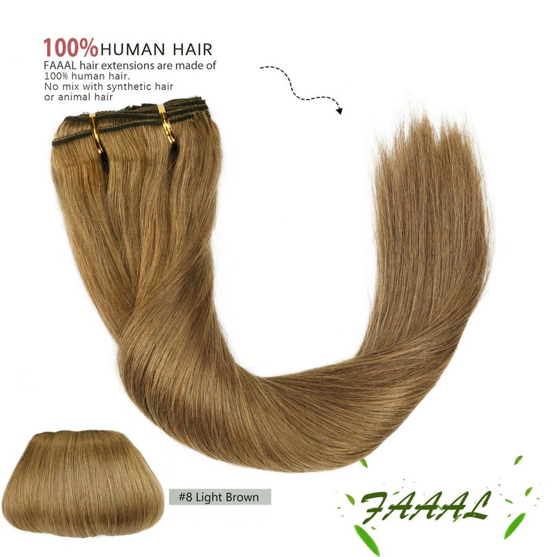 FAAAL 18" Clip in Human Hair Extensions Full Head 150g 7 Pieces 16 Clips 8# Light Brown Double Weft Brazilian Real Remy Hair Extensions Thick Straight Silky (18" 150g, Light Brown) - Image 2